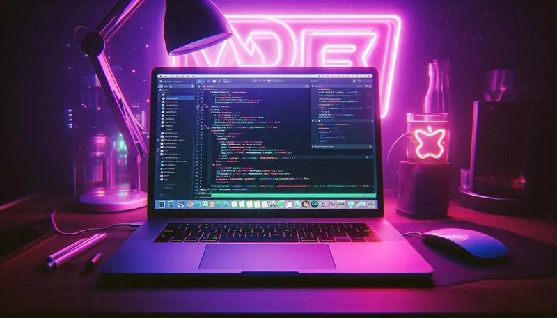 Coding on laptop with neon lights